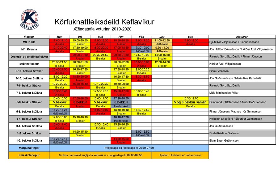 Æfingatafla og skráning tímabilið 2019-2020